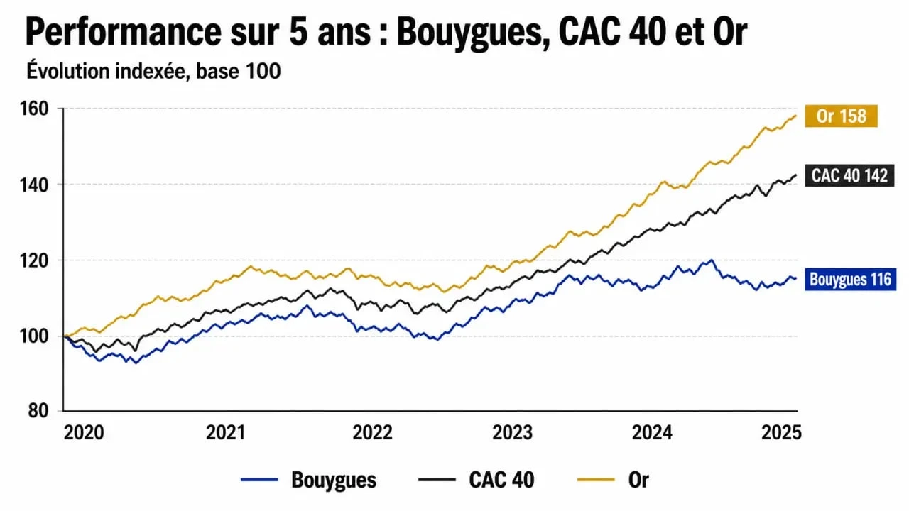 Infographie comparative de la performance boursière : faut il acheter des actions Bouygues face au CAC 40 et à l'or