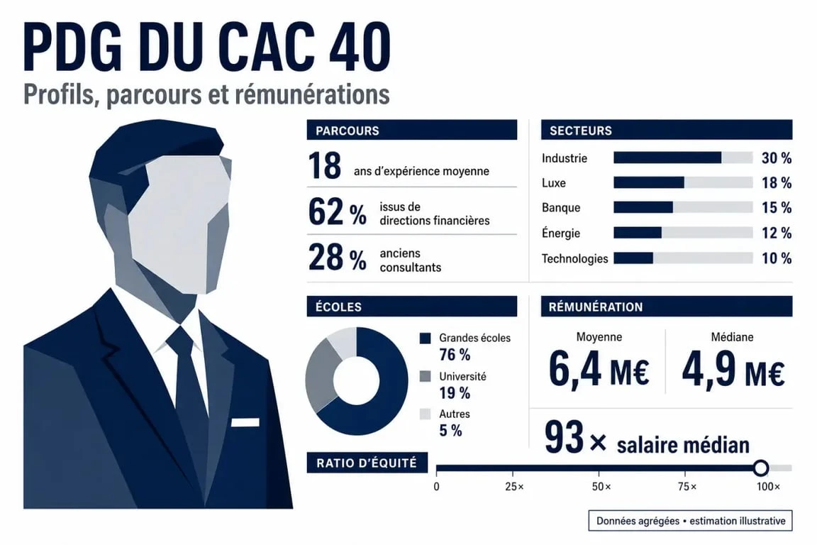 Infographie sur les pdg cac 40 : profils, secteurs, écoles et rémunérations
