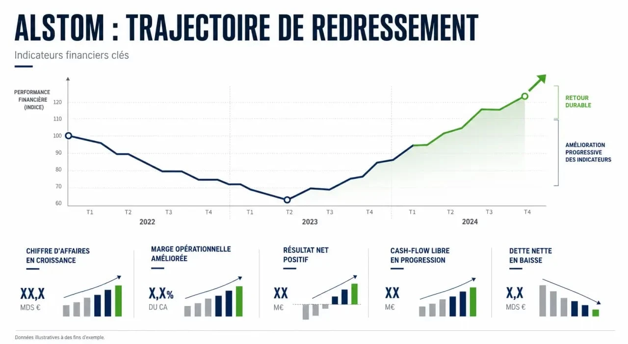Analyse boursière Alstom bourse avis avec graphique de redressement financier et indicateurs clés
