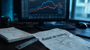 Robot trading automatique : graphe et ordres BUY/SELL sur écran