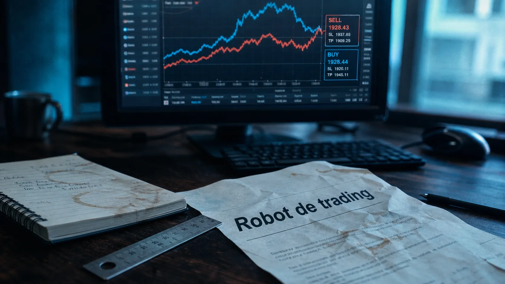 Robot trading automatique : graphe et ordres BUY/SELL sur écran