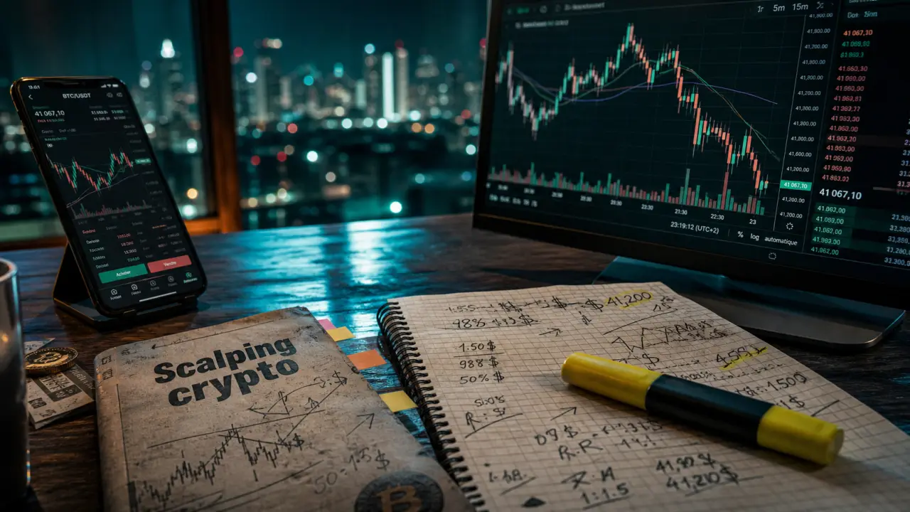 Scalping crypto : graphique candlestick 1-15 minutes et smartphone sur bureau