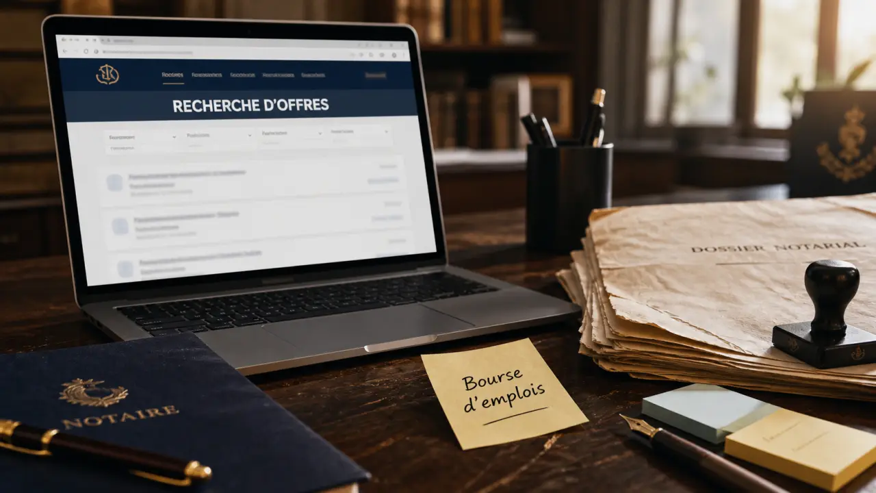 Emploi bourse notaire : recherche d’offres par région sur ordinateur et documents