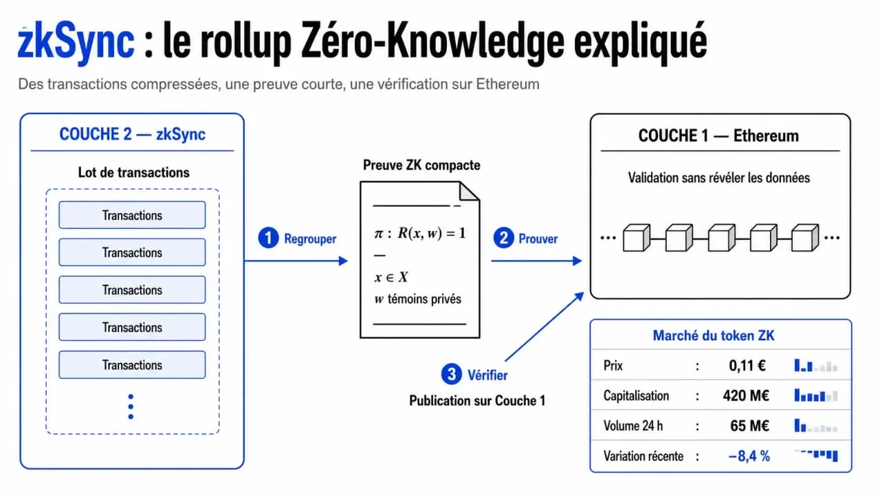 Infographie zk crypto montrant le fonctionnement de zkSync et les chiffres clés du token ZK