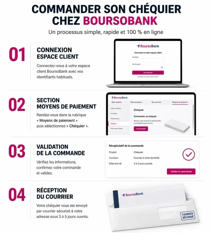 Infographie du processus de commande de chéquier Boursorama