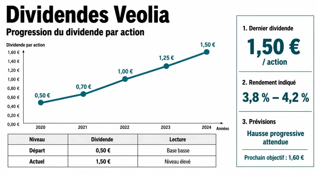 Graphique éditorial sur les dividendes Veolia montrant l’évolution du dividende et les prévisions