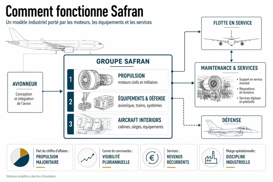 Faut-il acheter des actions Safran : infographie éditoriale du mix activités, des services et de la chaîne de valeur