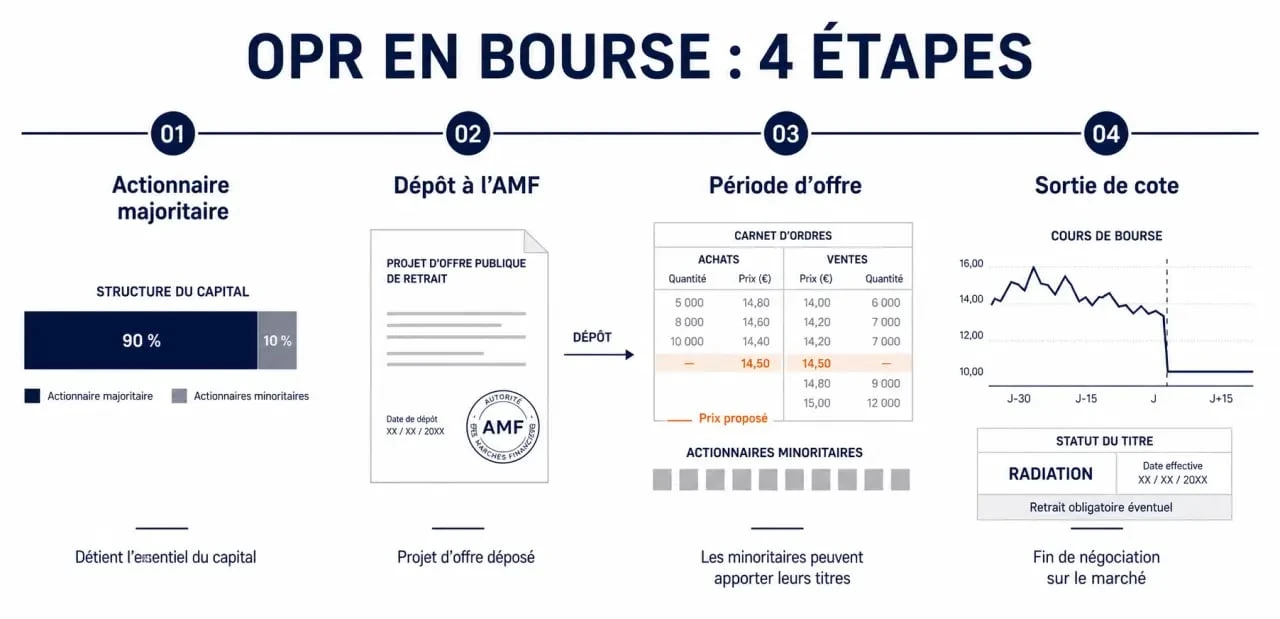 Schéma du déroulement d’une opr bourse avec AMF et retrait obligatoire