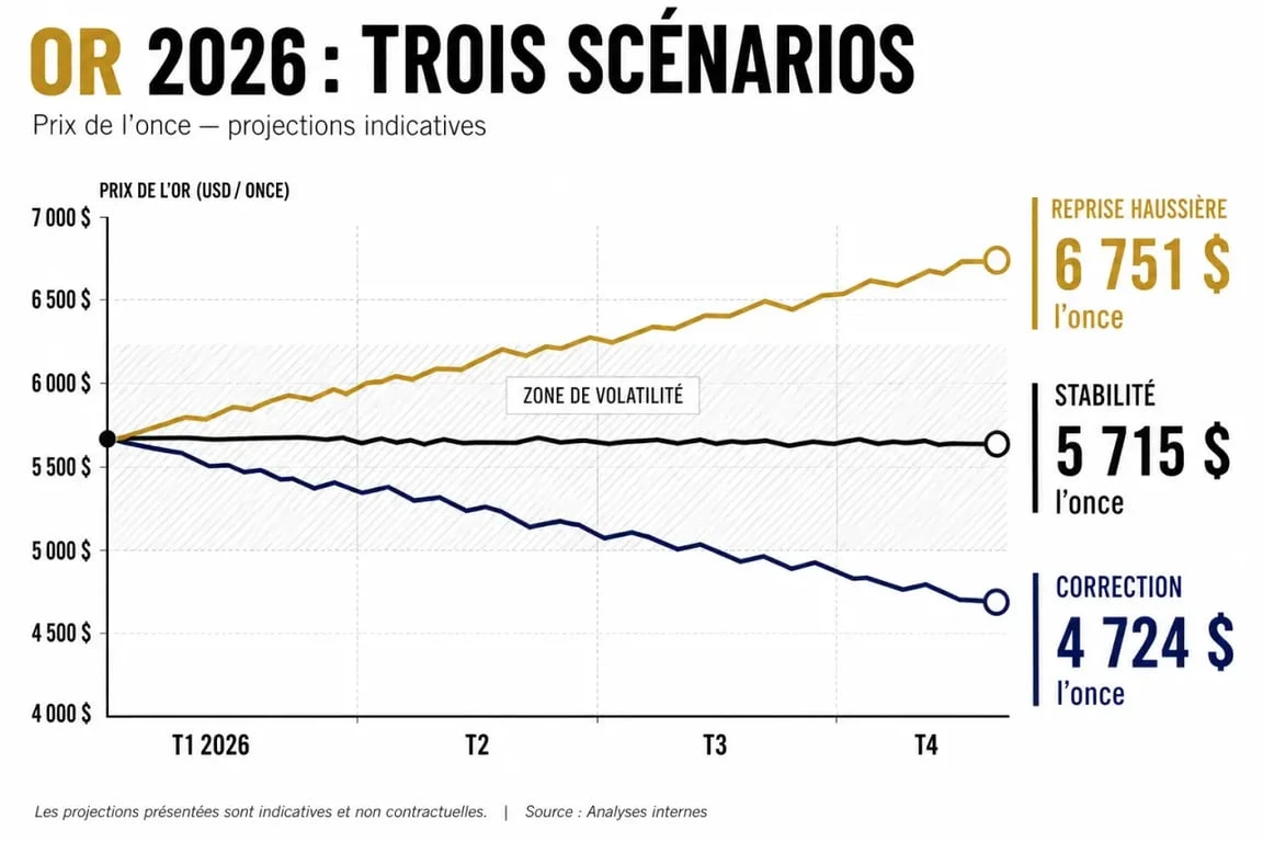 L'or va t il baisser : scénario 2026 avec niveaux de prix et courbe de tendance