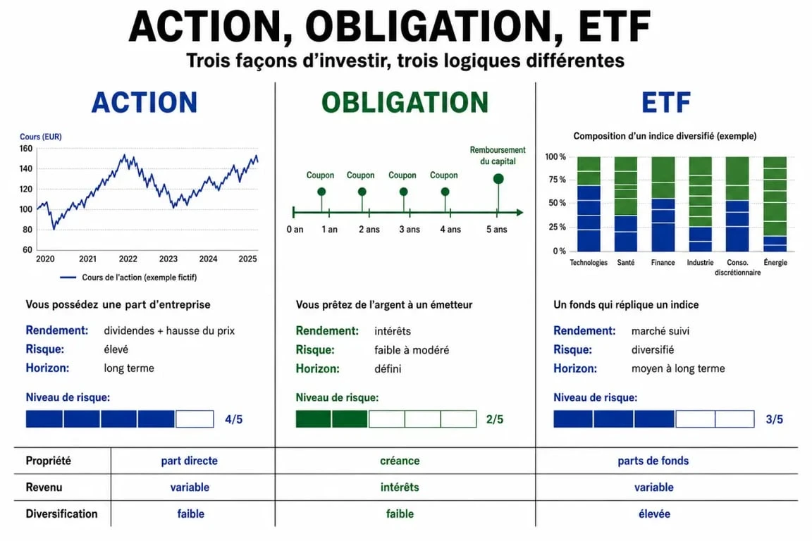 Schéma explicatif des supports pour investir en bourse débutant : actions, obligations et ETF