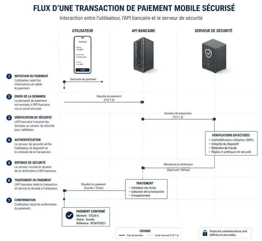 Schéma du fonctionnement d'un paiement mobile sécurisé pour les entreprises à Paris