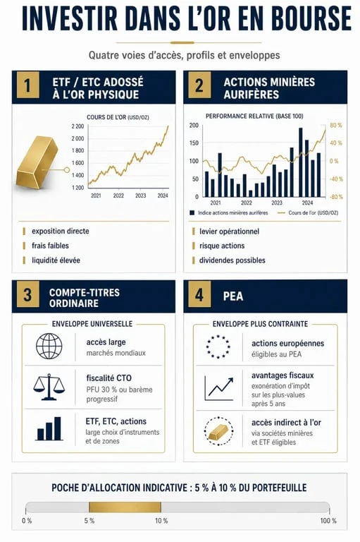 Comment investir dans l'or en bourse : comparatif visuel des ETF, minières, CTO et PEA