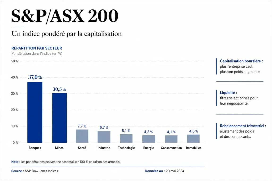Infographie du S&P/ASX 200 montrant sa composition par secteurs et sa pondération par capitalisation