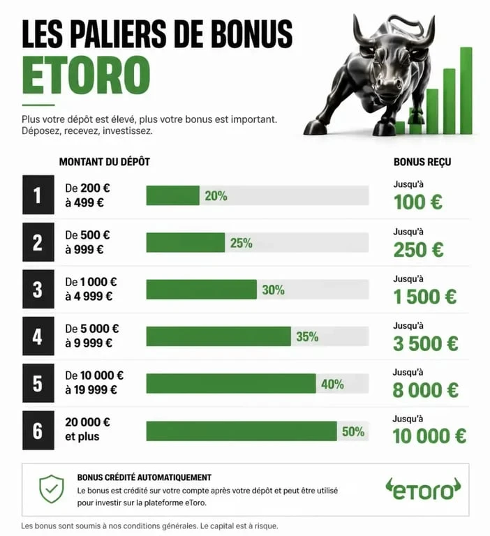 Paliers de bonus et avantages pour l'inscription sur eToro avec un code promo