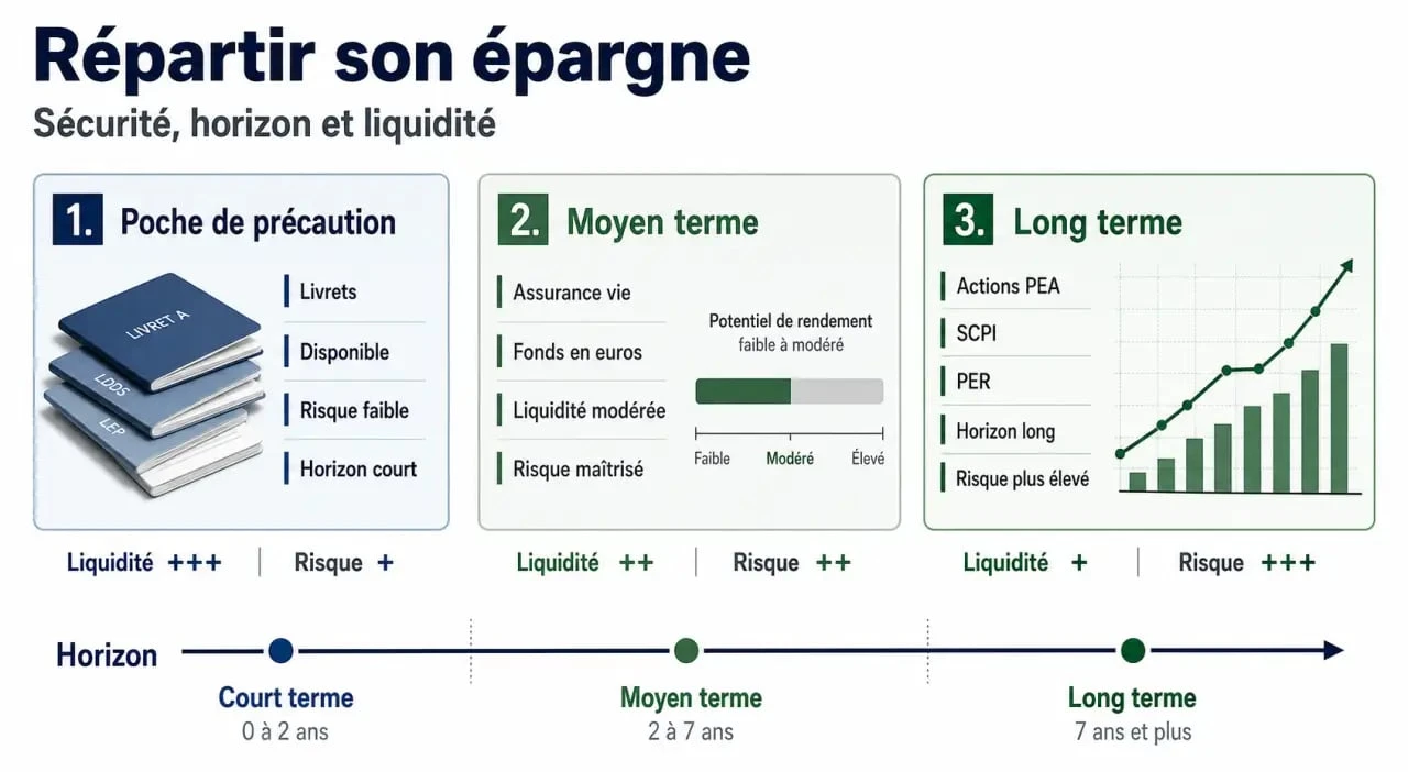 Où mettre son argent : schéma éditorial des placements selon l’horizon, le risque et la liquidité