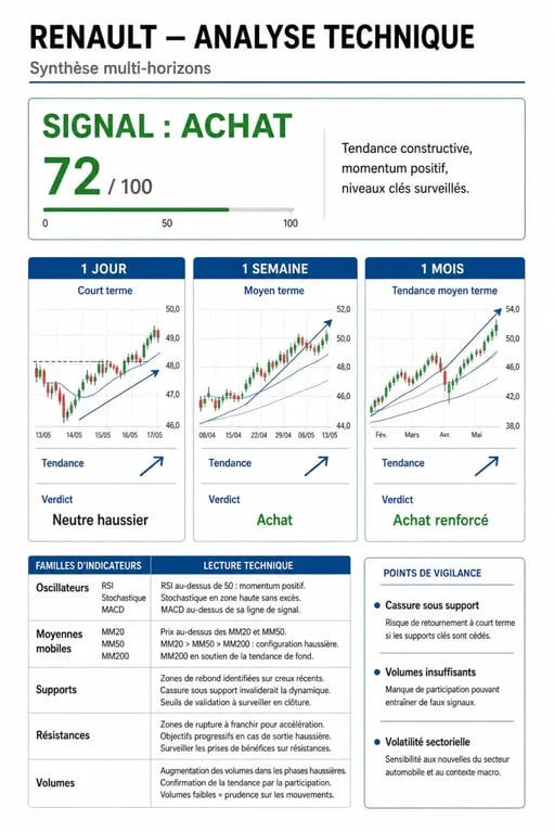 Analyse technique Renault : synthèse visuelle du signal d’achat, des horizons et des indicateurs