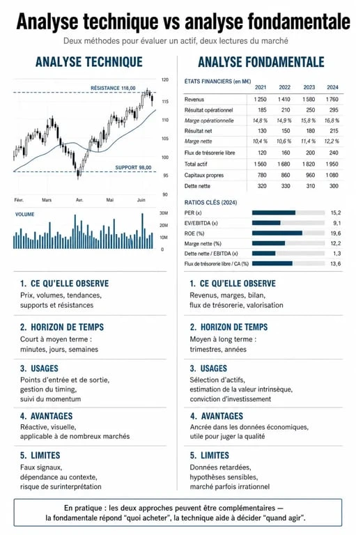 Analyse technique vs analyse fondamentale : comparaison des usages et limites