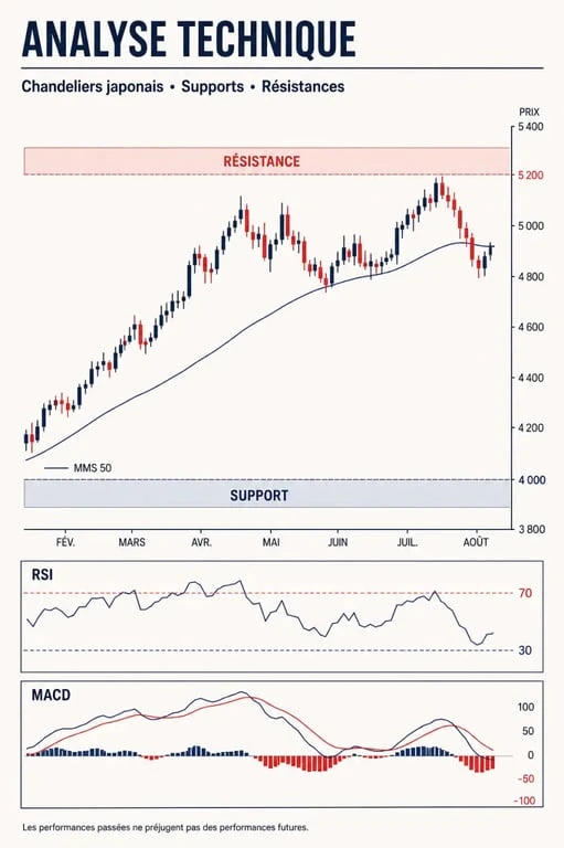 Analyse technique d’un graphique en chandeliers avec supports, résistances, RSI et MACD