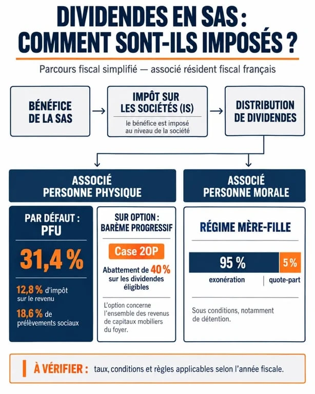 Infographie sur l’imposition des dividendes en SAS, PFU, barème progressif et régime mère-fille