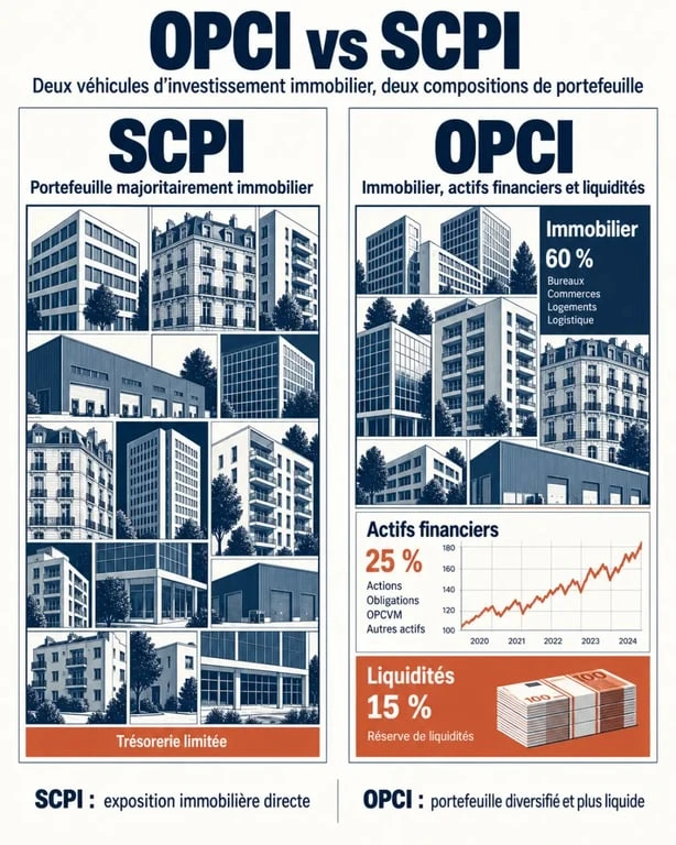 Infographie comparant la composition du portefeuille OPCI et SCPI, deux acronymes de l'investissement immobilier