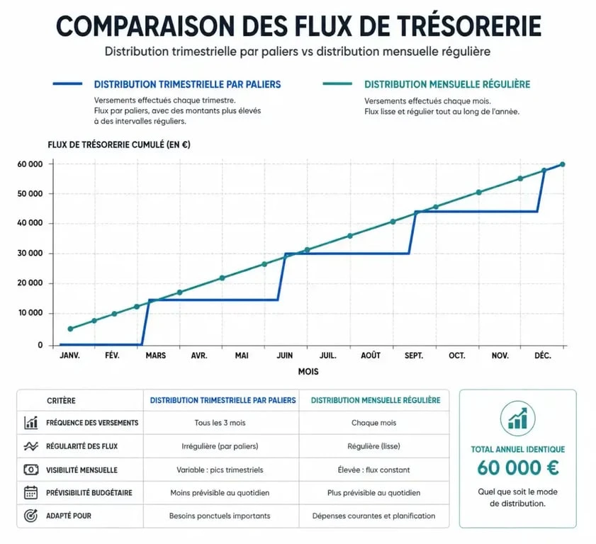 Comparaison visuelle entre distribution de dividendes trimestrielle et mensuelle pour les SCPI