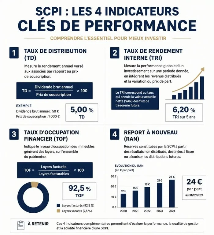 Infographie des indicateurs de performance pour investir en SCPI à rendement mensuel