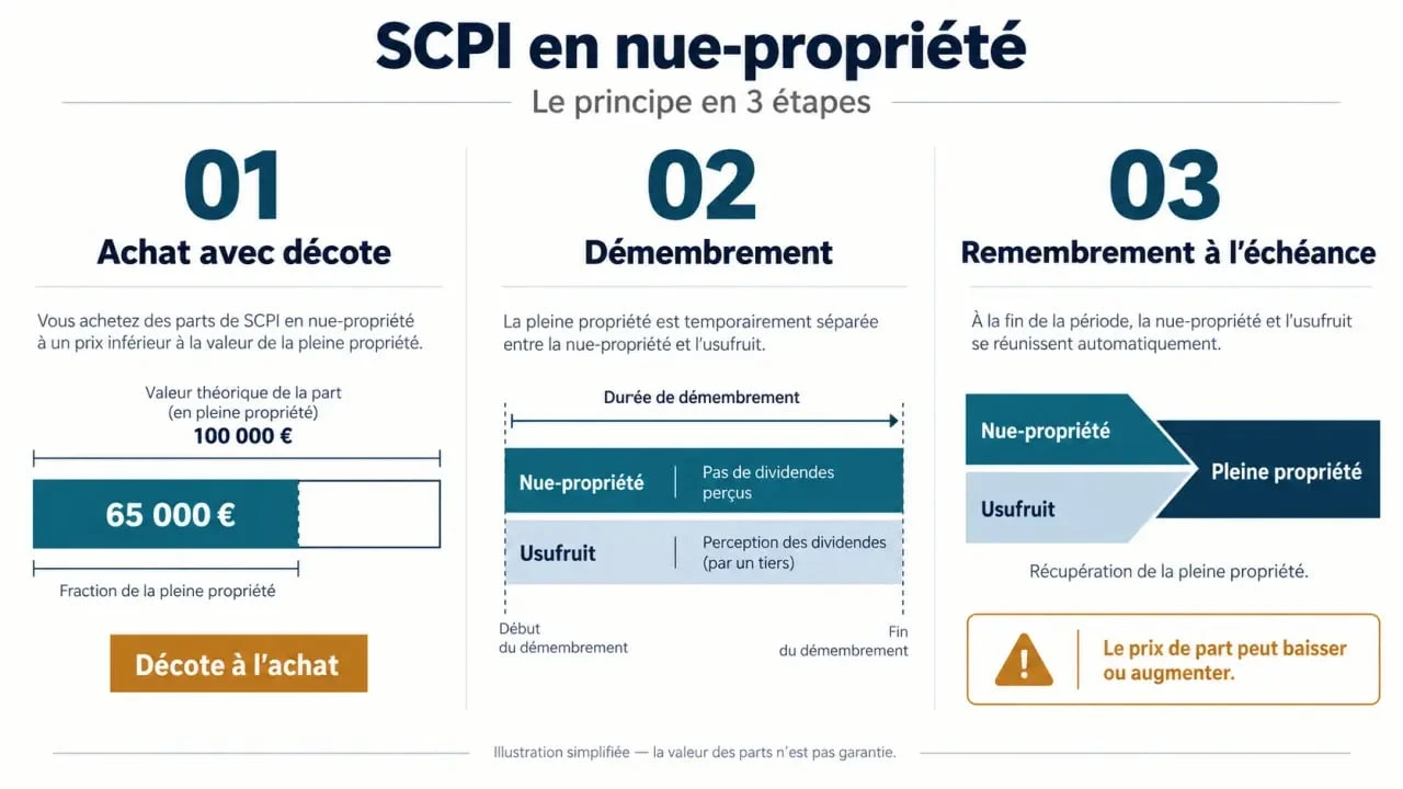 SCPI nue propriété : schéma du démembrement, de la décote et du remembrement