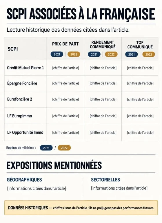 Infographie comparative des SCPI La Française avec prix de part, rendement historique et TOF