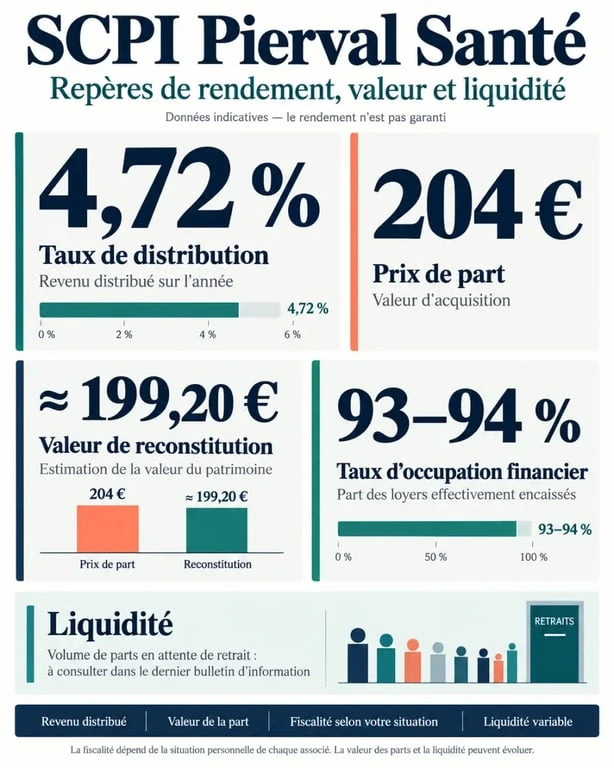 Infographie sur le rendement de la SCPI Pierval Santé avec taux de distribution, prix de part et liquidité