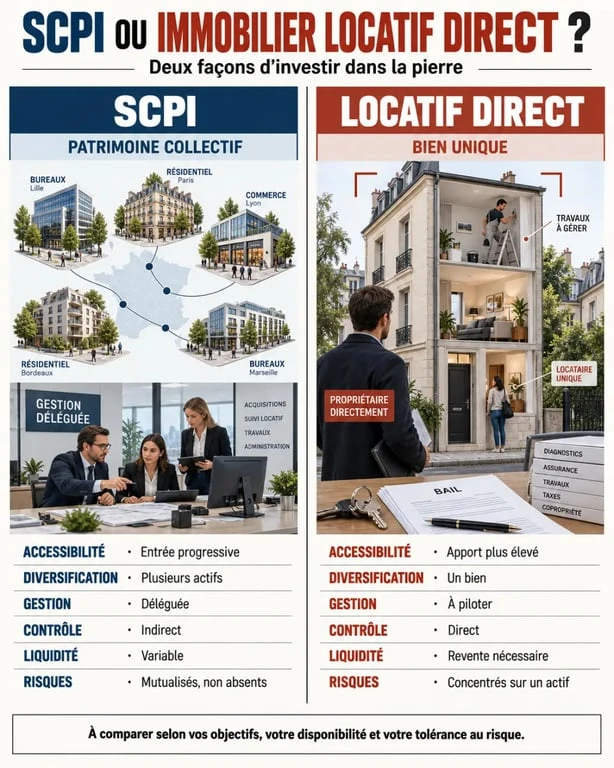 Avantage SCPI : comparaison visuelle entre SCPI et immobilier locatif direct