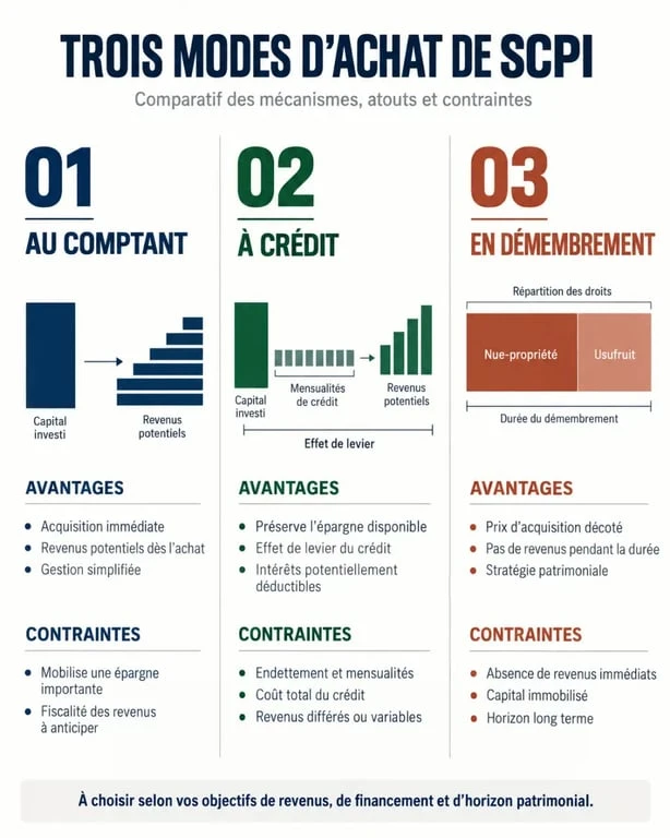 Comparatif visuel des modes d'achat scpi : comptant, crédit et démembrement