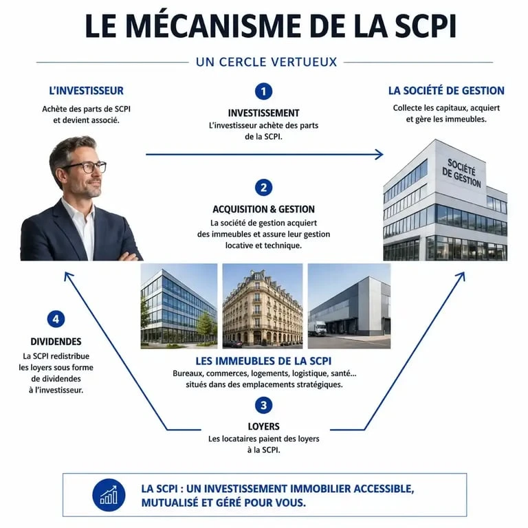 Schéma explicatif du fonctionnement d'un investissement en SCPI et avis sur la pierre-papier