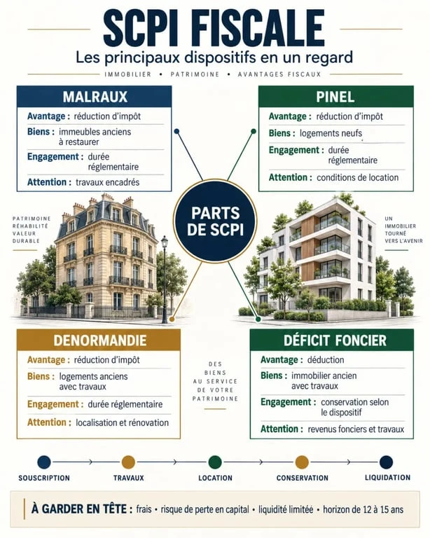 Infographie comparative sur le fonctionnement et les dispositifs d’une SCPI fiscale