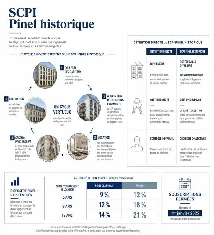 Infographie SCPI Pinel : fonctionnement historique, taux de réduction d'impôt et comparaison avec le Pinel direct
