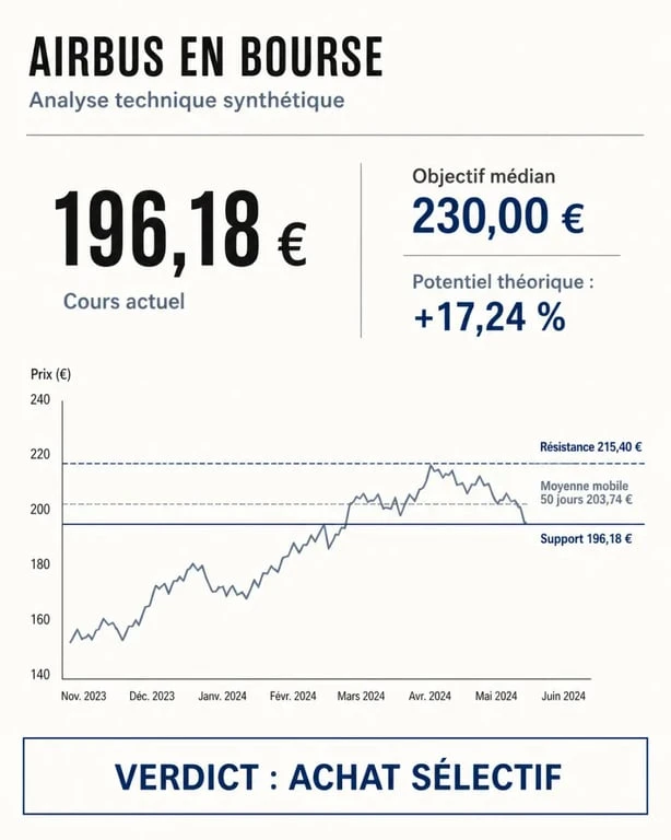 Faut-il acheter des actions Airbus aujourd'hui : graphique éditorial avec cours, objectif et niveaux techniques