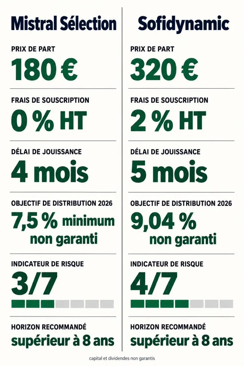 Infographie comparative des SCPI Boursorama BoursoBank Mistral Sélection et Sofidynamic