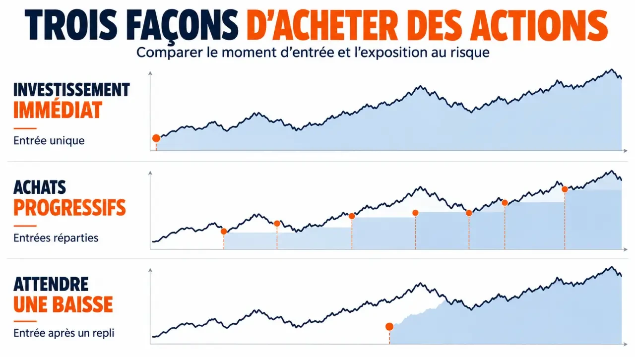 Quand acheter des actions : comparaison visuelle entre investissement immédiat, achats progressifs et attente d’une baisse